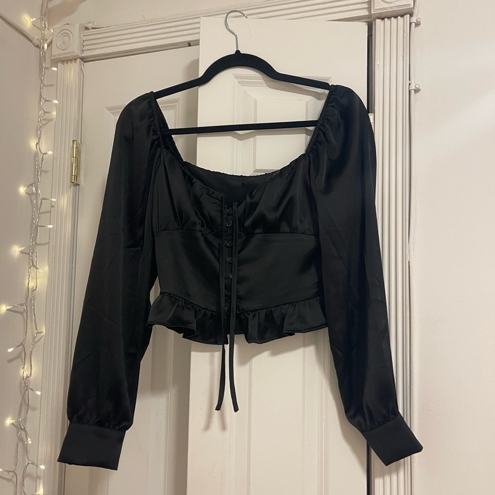 Black Satin Long Sleeve Crop Top